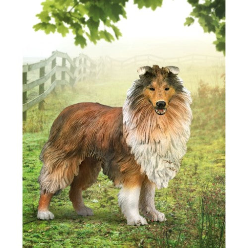 Hand-painted CollectA Rough Collie figurine, showcasing intricate details of its long coat and graceful build, ideal for collectors.