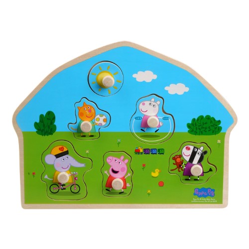 Colorful wooden peg puzzle featuring Peppa Pig characters, designed for toddlers to enhance motor skills and creativity.