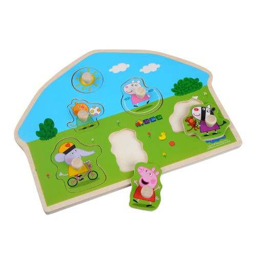 Wooden peg puzzle featuring Peppa Pig characters, designed to enhance motor skills and creativity for toddlers aged 2 and up.