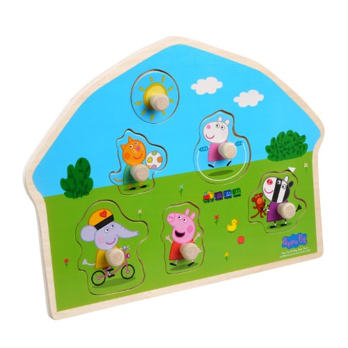 Colorful wooden peg puzzle featuring Peppa Pig characters, designed to enhance motor skills for toddlers aged 2 and up.