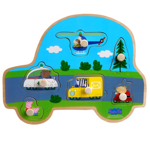 Colorful wooden peg puzzle featuring Peppa Pig and friends in transport vehicles, designed for children 3+ to enhance motor skills.