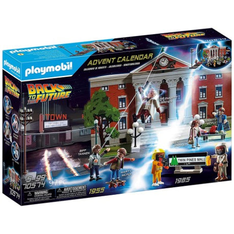 Playmobil Back to the Future Advent Calendar featuring 7 collectible figures and a clock tower for festive time travel fun.