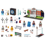 Advent calendar featuring Playmobil Back to the Future characters, accessories, and a buildable clock tower. Perfect for fans!