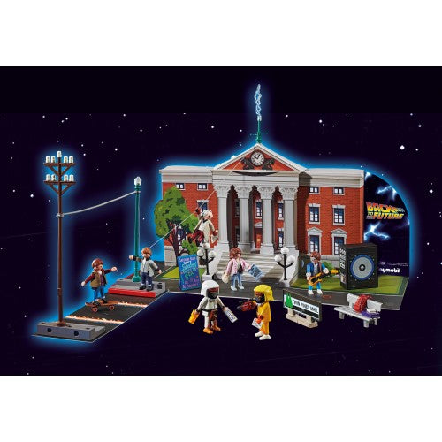 Playmobil Back to the Future Advent Calendar with clock tower, figures, and accessories for time travel fun. Perfect for kids!