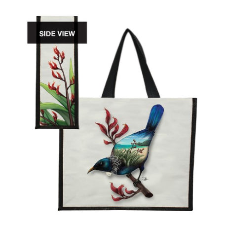 Sophie Blokker Kiwiana Tote Bag featuring a vibrant Tui design, eco-friendly PU material, spacious and stylish for everyday use.