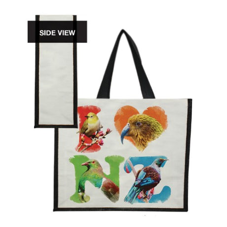 Sophie Blokker Kiwiana tote bag featuring 'I Heart NZ Birds' design, crafted from high-quality PU, ideal for bird lovers.
