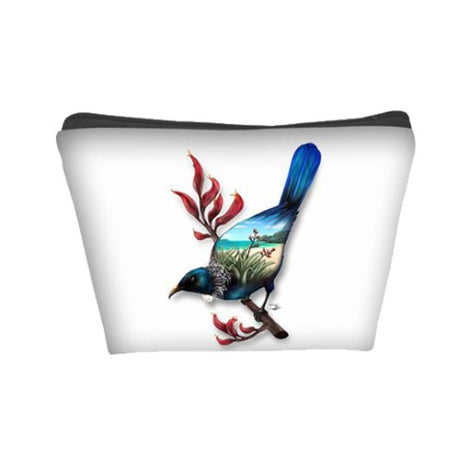 Small cosmetic bag featuring a vibrant Tui bird design, perfect for organizing makeup and travel essentials.