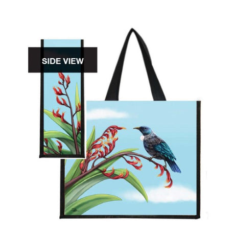 Sophie Blokker Kiwiana Tote Bag in Mirror Tui material, showcasing a vibrant Tui design, ideal for shopping or daily use.