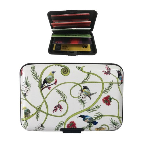 Sophie Blokker Kiwiana Aluminium Cardholder featuring vibrant Birds & Flora designs with RFID protection for up to 12 cards.