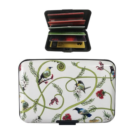 Sophie Blokker Kiwiana Aluminium Cardholder featuring vibrant Birds & Flora designs with RFID protection for up to 12 cards.