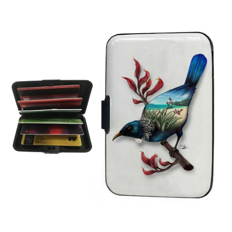 Sophie Blokker Aluminium Cardholder featuring a vibrant Tui design, RFID-blocking, and holds up to 12 cards in a slim profile.