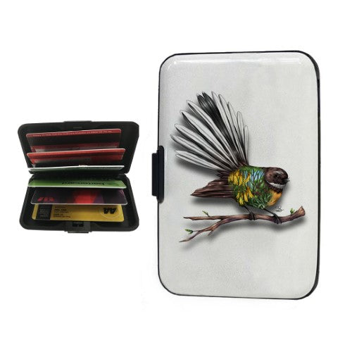 Stylish Sophie Blokker Aluminium Cardholder with Fantail print, RFID-blocking, holds up to 12 cards, compact design.