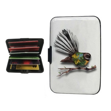 Stylish Sophie Blokker Aluminium Cardholder with Fantail print, RFID-blocking, holds up to 12 cards, compact design.
