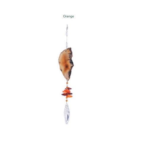 Orange agate slice suncatcher with unique patterns, 24.5 cm long, enhancing decor and promoting positive energy in any space.