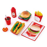 Hape Fast Food Set with lifelike burger, hotdog, fries, and cola for imaginative play and developing social skills.