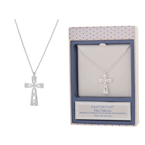 Equilibrium Celtic Cross Necklace featuring a detailed design, silver plating, and suitable for sensitive skin.