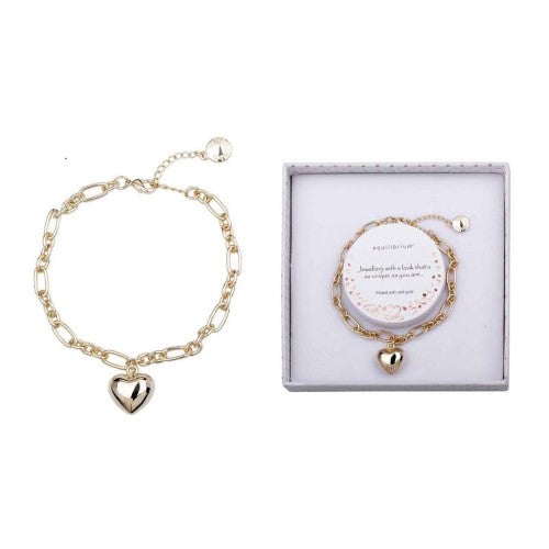 Gold-plated Equilibrium Heart Bracelet, symbolizing love and balance, crafted for sensitive skin and versatile for any style.