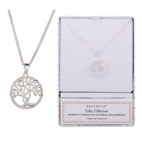 Equilibrium Celtic Tree of Life Necklace featuring a silver-plated design symbolizing growth and interconnectedness.