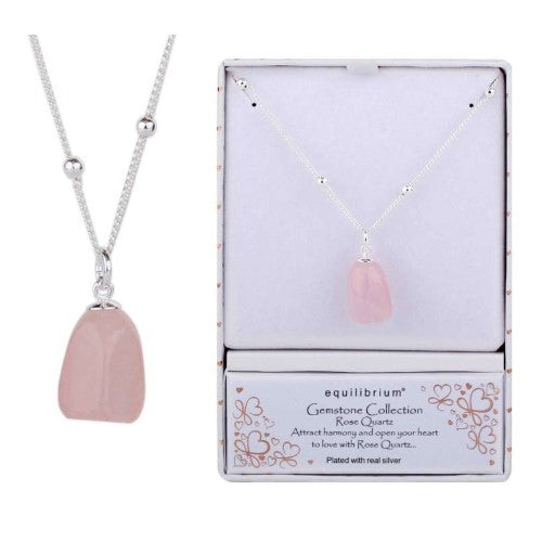 Equilibrium Rose Quartz Gemstone Necklace with polished rose quartz, silver plating, promoting love and heart chakra healing.