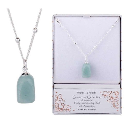 Silver-plated Amazonite necklace showcasing calming blue-green hues, symbolizing peace and balance for everyday elegance.