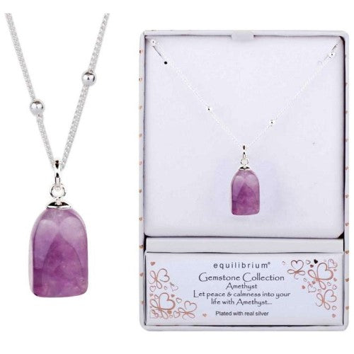 Silver-plated Equilibrium Amethyst Gemstone Necklace featuring a stunning amethyst for style and emotional balance.