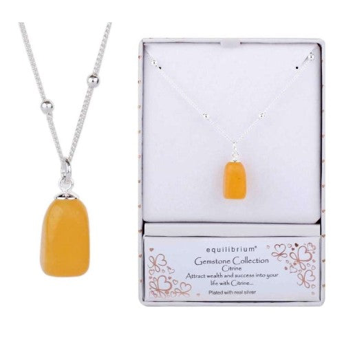 Silver-plated Equilibrium Citrine Gemstone Necklace featuring a vibrant citrine crystal, symbolizing positivity and success.