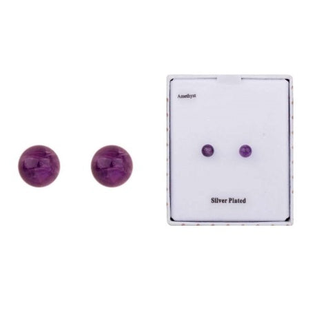 Elegant 5mm amethyst studs plated in real silver, safe for sensitive ears, offering timeless style and calming beauty.