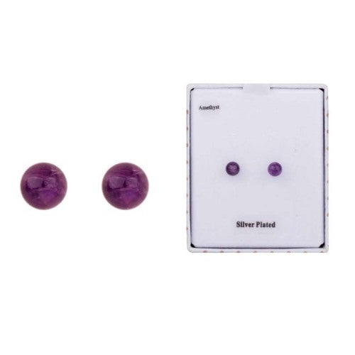Elegant 5mm amethyst studs plated in real silver, safe for sensitive ears, offering timeless style and calming beauty.