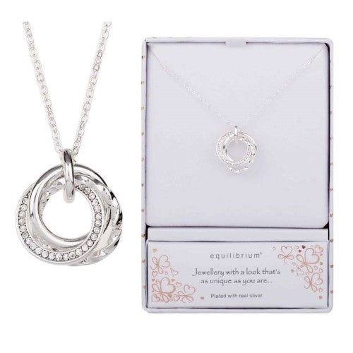 Elegant Equilibrium Triple Circle Necklace featuring interlocking circles, crafted with real silver and free from harmful metals.