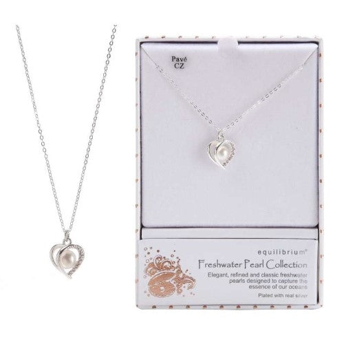 Elegant fresh water pearl necklace with unique heart design, plated with real silver, perfect for sensitive skin.