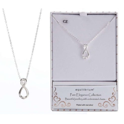 Elegant silver-plated Equilibrium Eternity Necklace featuring an infinity symbol, promoting harmony and style for any occasion.