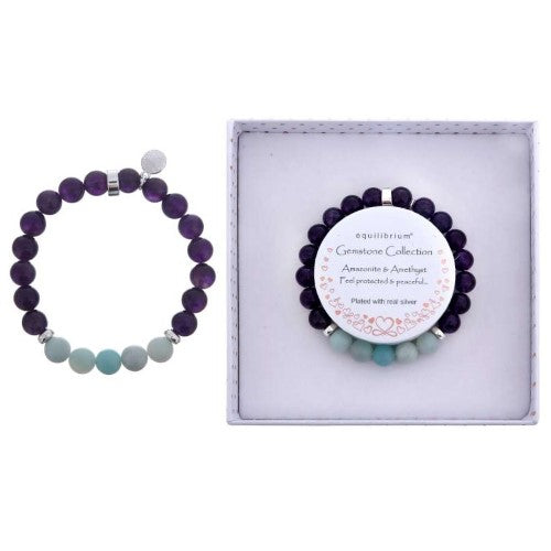 Equilibrium Gemstone Duo Bracelet with Amethyst and Amazonite, promoting harmony and peace, silver-plated and hypoallergenic.