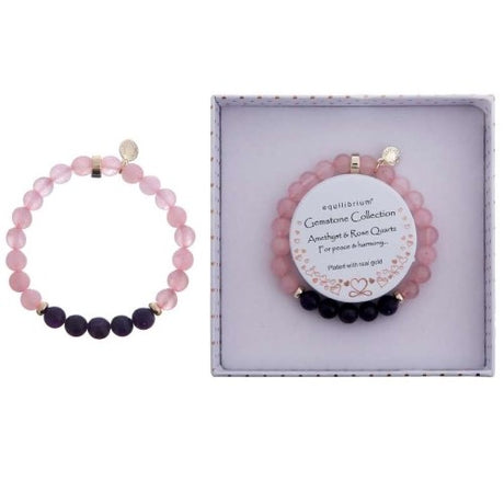 Equilibrium Gemstone Duo Bracelet featuring Rose Quartz and Amethyst, plated in gold for peace, harmony, and luxury.