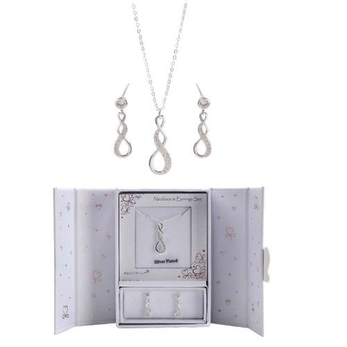 Elegant Equilibrium Giftset featuring a double twist necklace and earrings, symbolizing love and friendship, plated with real silver.