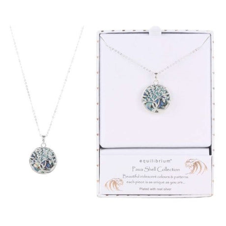 Elegant silver-plated necklace featuring a vibrant Tree of Life design in green and blue paua shell hues.