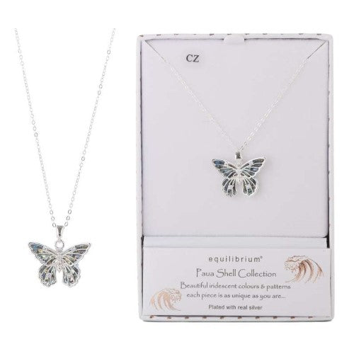 Vibrant paua shell butterfly necklace with silver plating, showcasing iridescent colors and nature-inspired design.