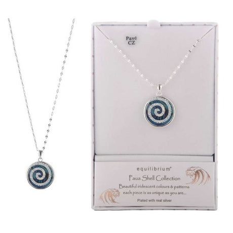 Stunning Equilibrium Paua Shell Swirl Necklace, showcasing vibrant ocean hues and eco-friendly silver plating.