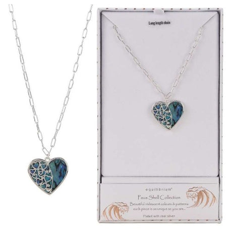 Elegant silver plated necklace featuring a large heart pendant in vibrant Paua shell with cut-out hearts, adjustable chain.