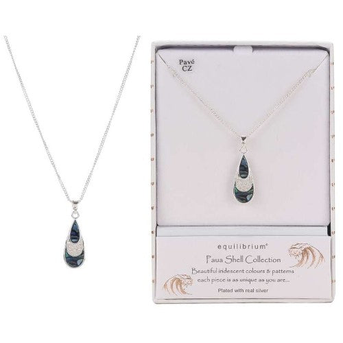 Elegant silver-plated teardrop necklace featuring vibrant Paua shell and sparkling Cubic Zirconia, perfect for any occasion.