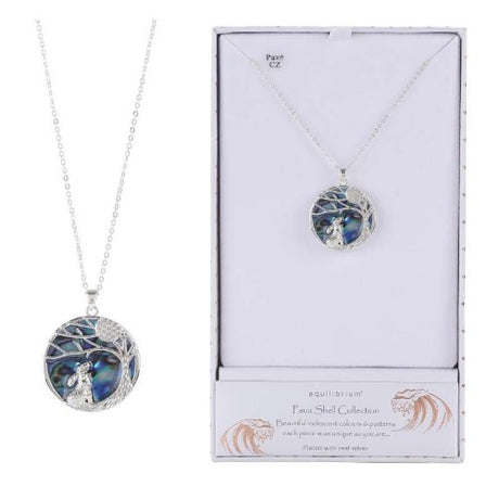 Equilibrium Paua Shell Moon Gazer Necklace featuring a vibrant ocean-inspired pendant, plated with real silver for elegance.