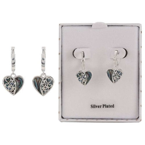 Elegant silver-plated heart earrings inlaid with vibrant Paua shell, perfect for gifts and stylish occasions.