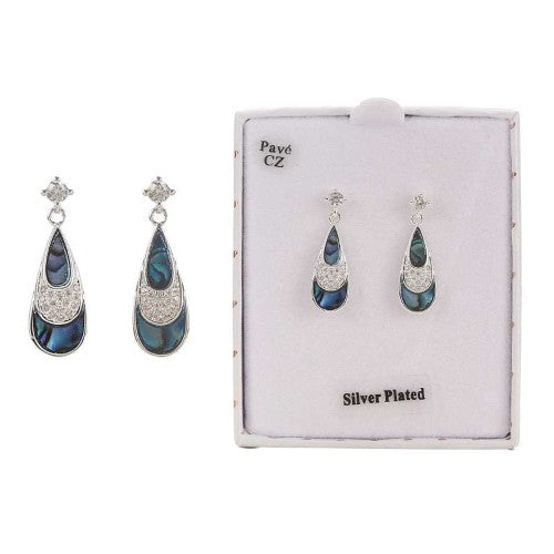 Silver-plated teardrop earrings featuring vibrant Paua shell and sparkling Pave gemstones, perfect for any occasion.