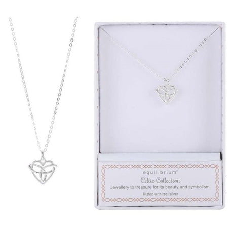 Elegant silver-plated necklace featuring a Celtic heart design, symbolizing love and eternity, presented in a gift box.