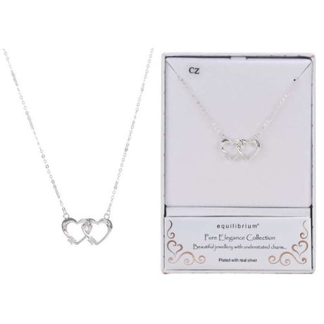 Elegant silver-plated necklace featuring entwined hearts, symbolizing love and unity, perfect for any occasion.