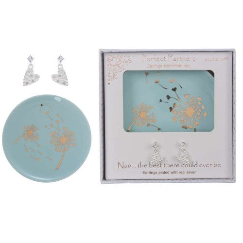 Silver-plated Nan earrings with a ceramic dish, symbolizing love and appreciation for cherished women. Hypoallergenic design.