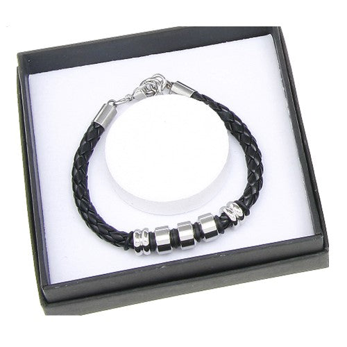 Plaited black leather bracelet with stainless steel rings, perfect for fashionable men; stylish accessory in a gift box.