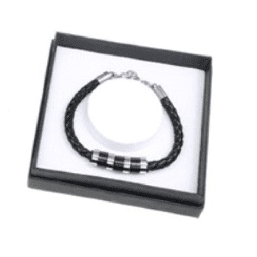 Stylish Equilibrium men's plaited leather bracelet with stainless steel rings, perfect for any occasion and presented in a gift box.