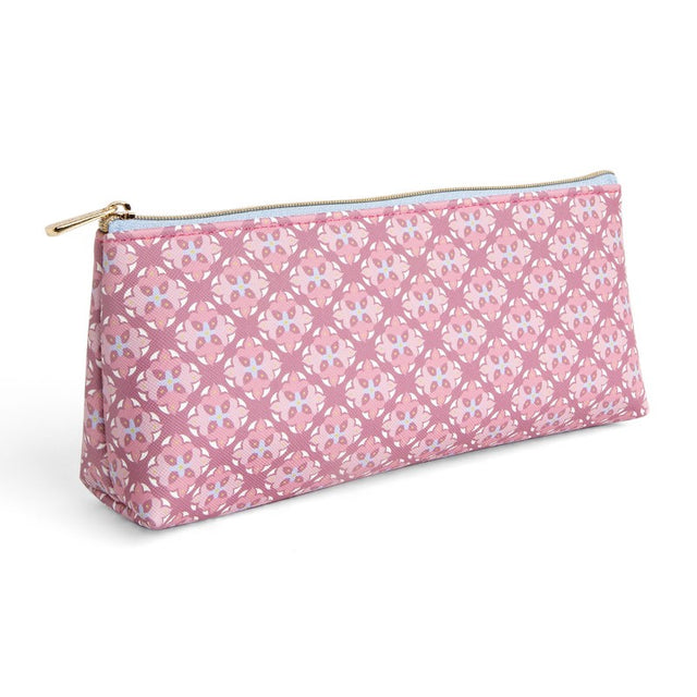 Dusty rose pencil case with textured exterior, lined interior, and engraved zipper, inspired by Portuguese azulejos.