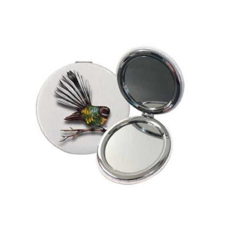 Sophie Blokker Kiwiana Compact Mirror featuring a Fantail design, perfect for on-the-go touch-ups and showcasing NZ culture.