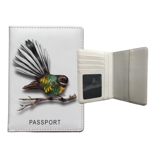 Sophie Blokker Kiwiana passport holder featuring a vibrant fantail design, ensuring style and protection for your travel documents.